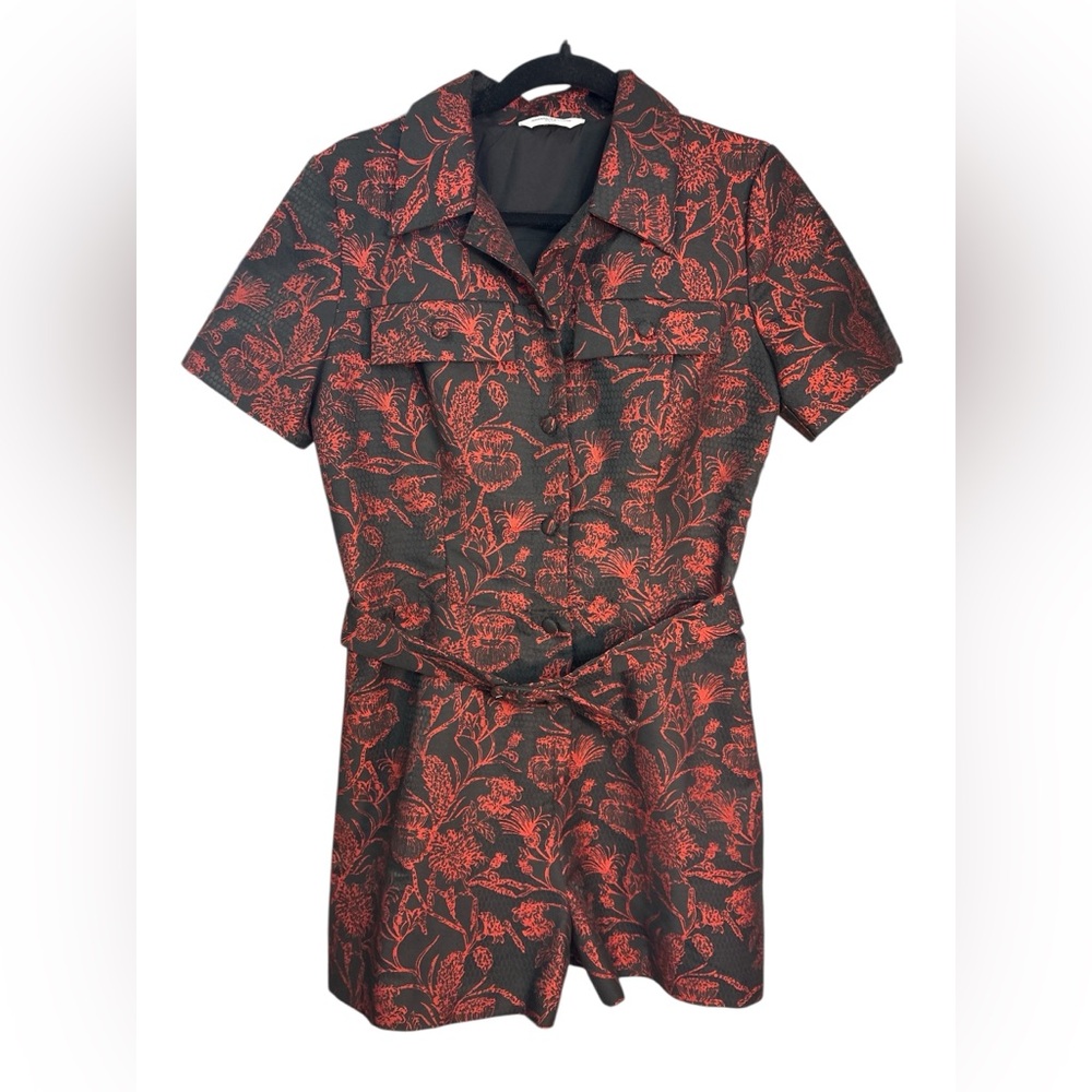NWOT Amanda Uprichard Ireland Romper Red Black Belted MSRP: $262 | Large - Picture 6 of 10